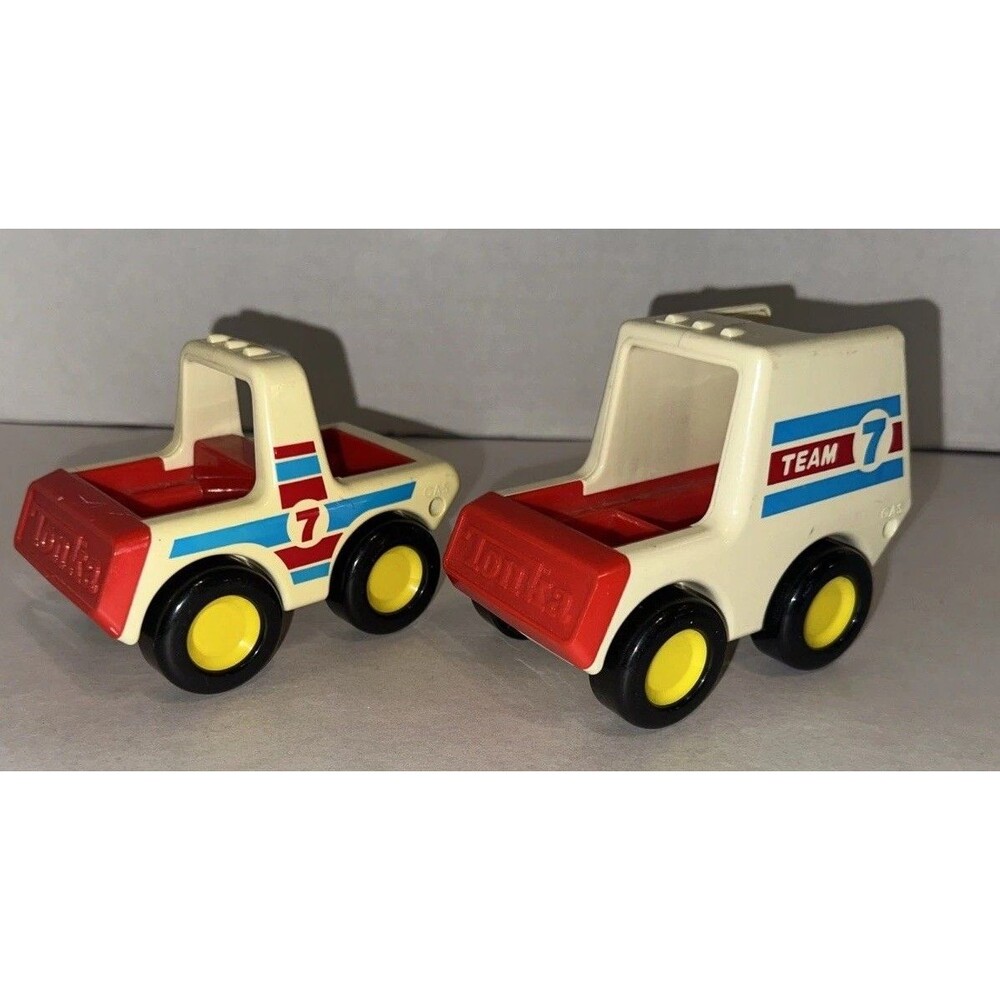 Vintage Set Of 1989 Tonka Bandai white #7 Race Car Truck